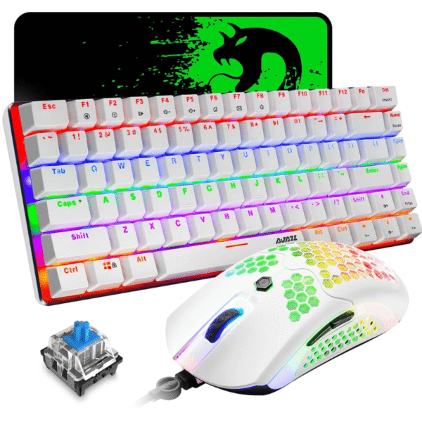 AK33 Gaming Keyboard and Mouse Combo, 82 Key Backlight Mechanical Gaming Keyboard,65G Lightweight Honeycomb Mouse with 12000DPI Programmable, Mouse Pad for PC Gamer -White/Blue Switch